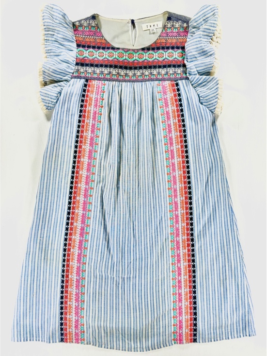 THML Dresses & Skirts - THML Blue White Striped Embroidered Boho Mini Dress Size XS